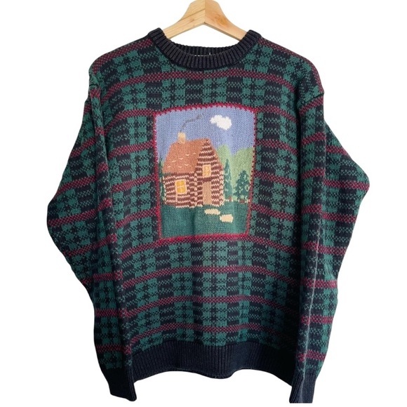 Vintage Ashley Hand Embroidered Cottage Cabin Knit Plaid Green Black Red Sweater - Picture 1 of 7